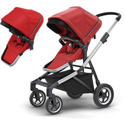 Thule Sleek Four-Wheel Stroller in Energy Red with Second Sibling Seat